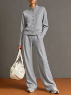 Stand Collar Button Sweatshirt Wide Leg Pants Set