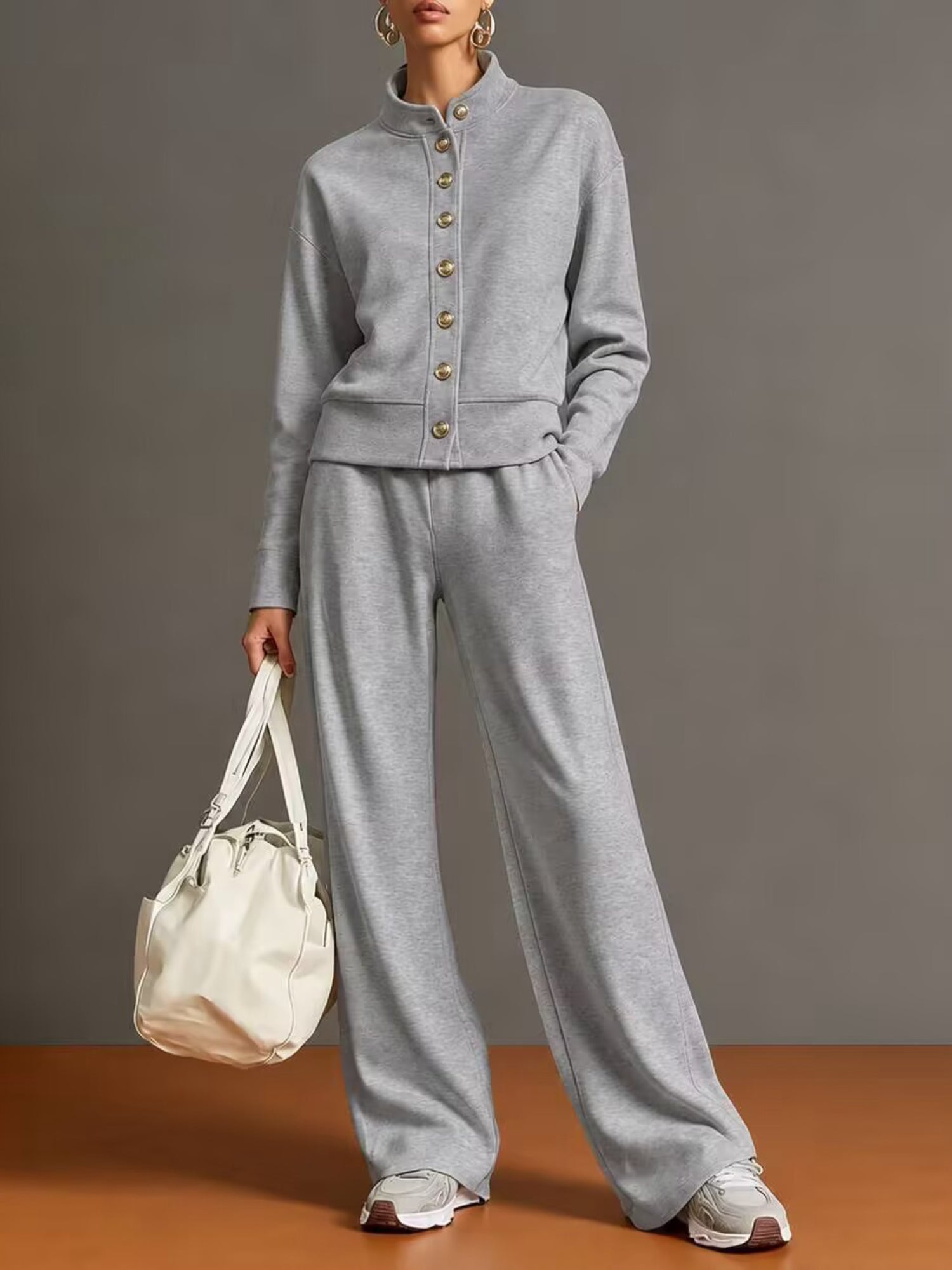 Stand Collar Button Sweatshirt Wide Leg Pants Set