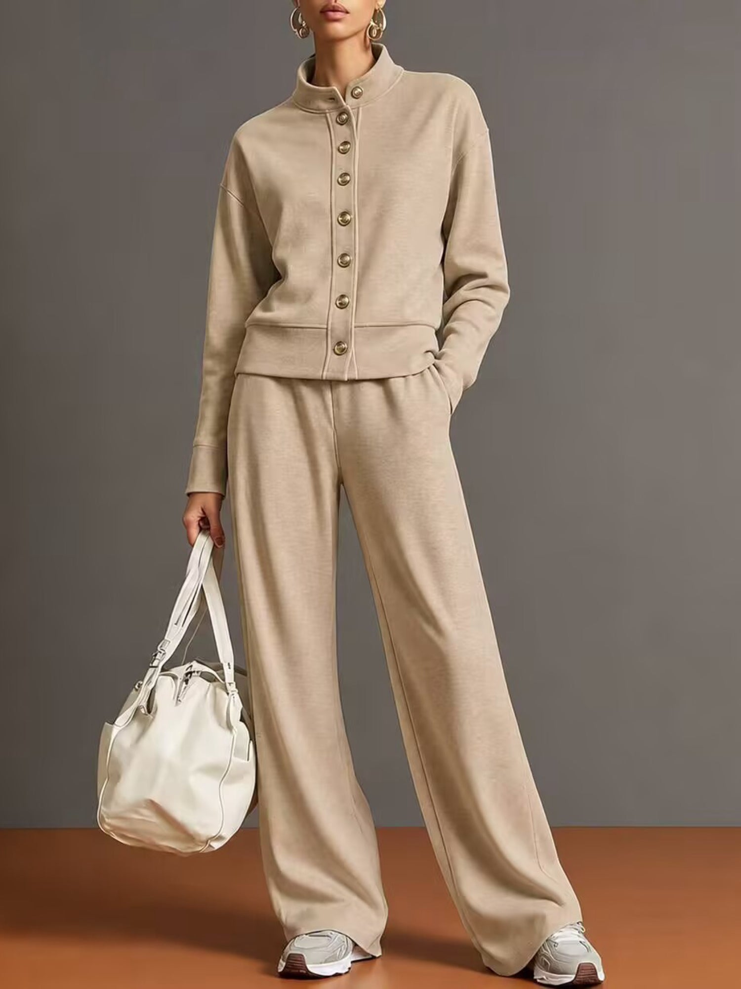 Stand Collar Button Sweatshirt Wide Leg Pants Set