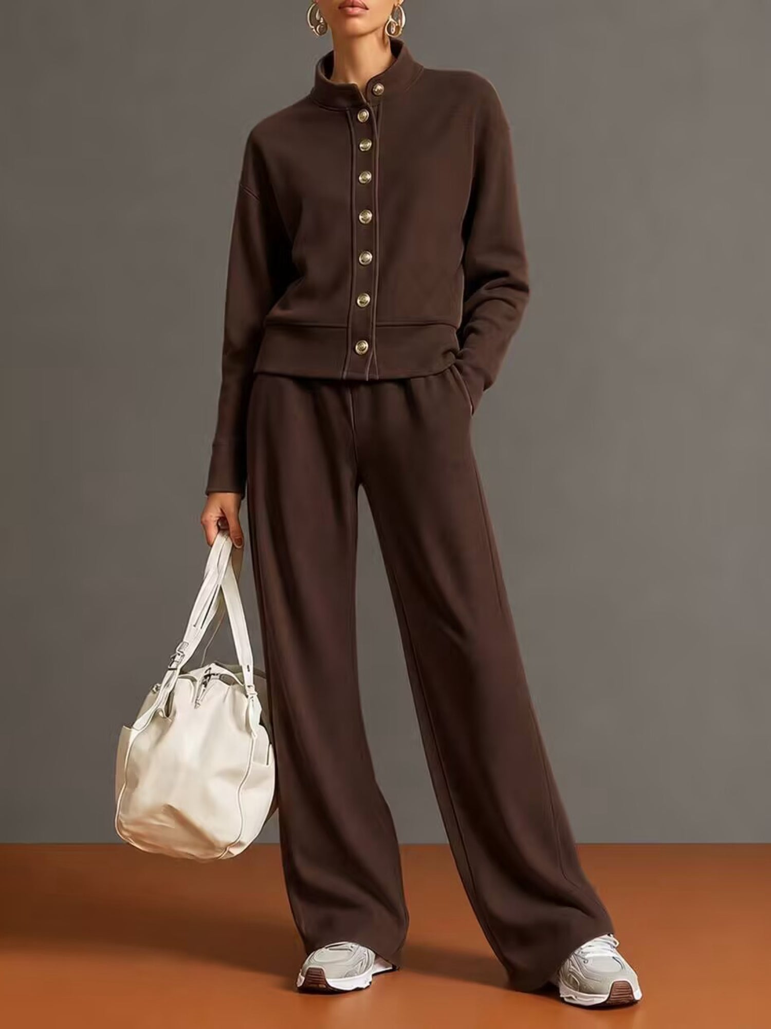 Stand Collar Button Sweatshirt Wide Leg Pants Set