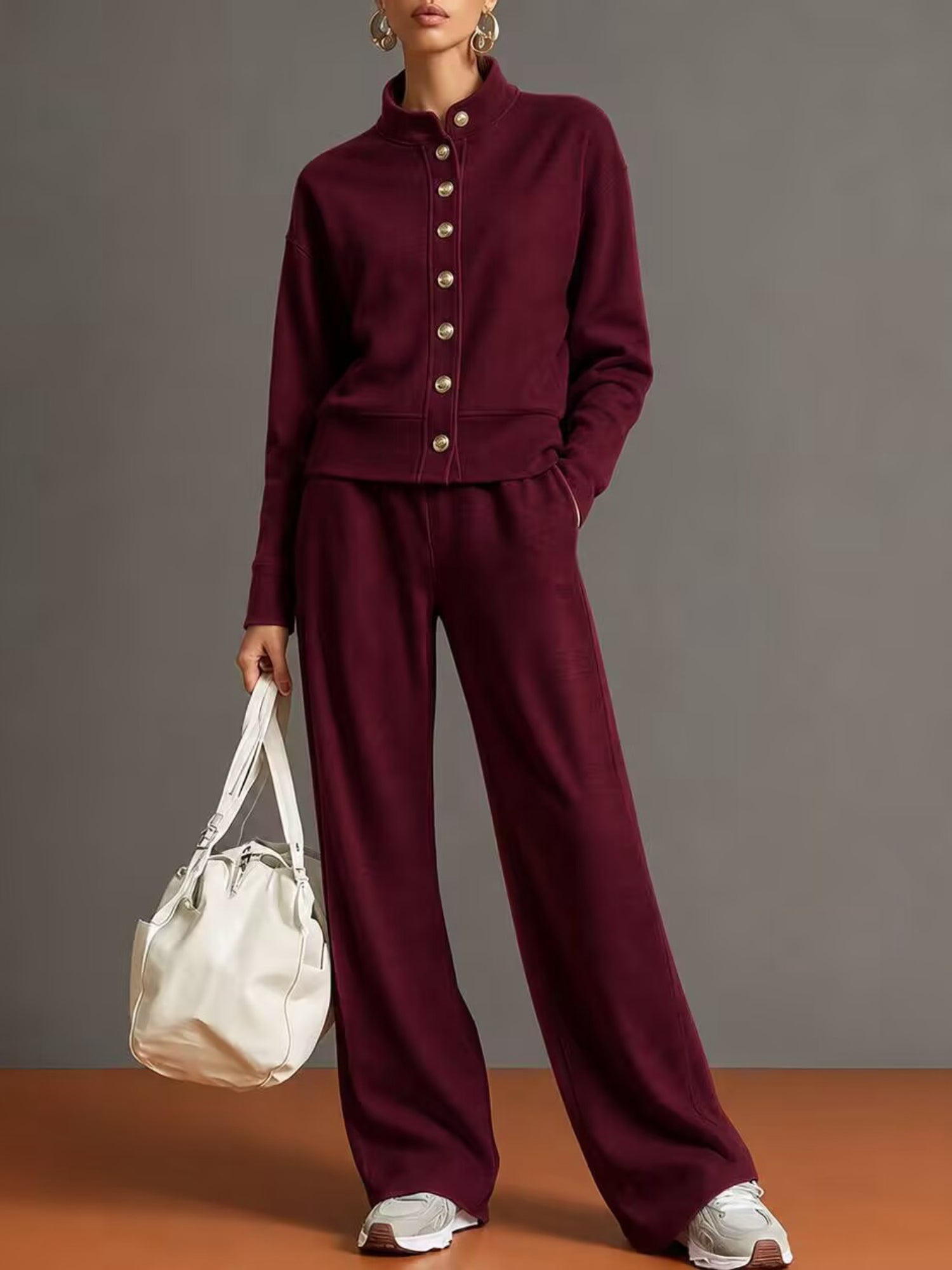 Stand Collar Button Sweatshirt Wide Leg Pants Set