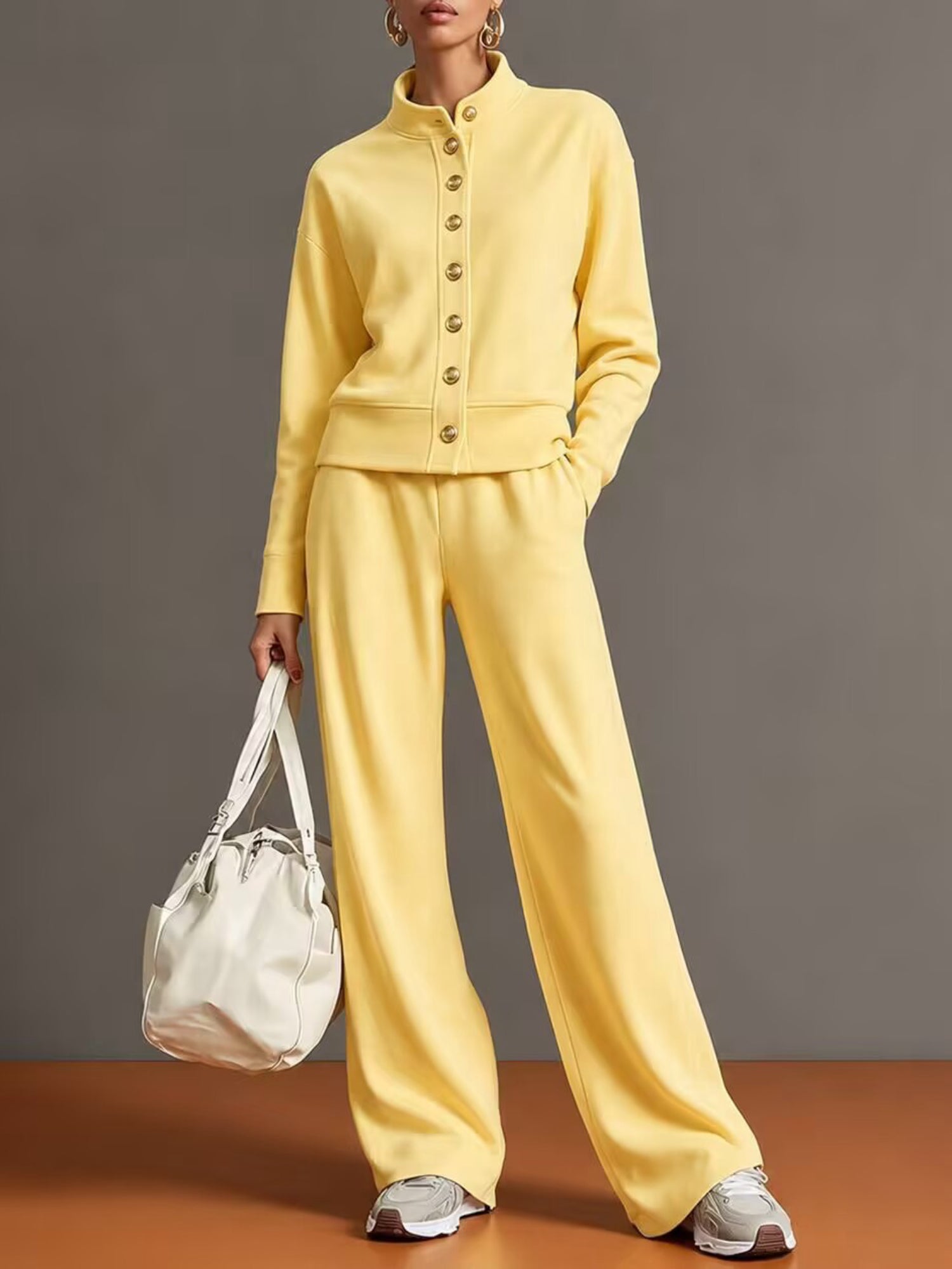 Stand Collar Button Sweatshirt Wide Leg Pants Set
