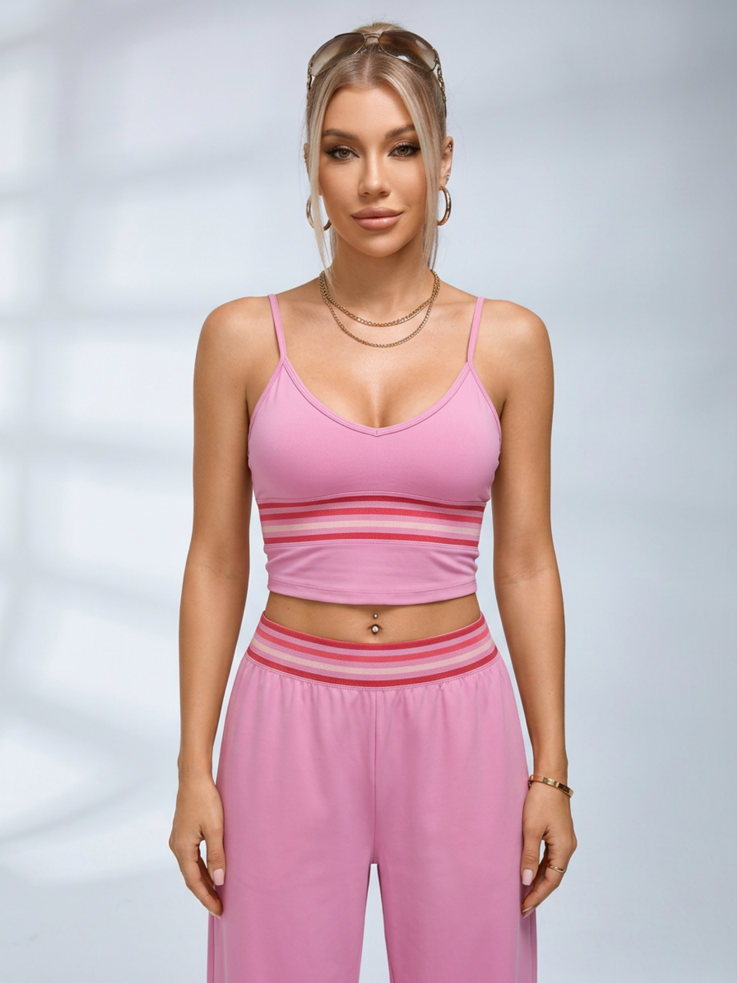 Striped Waist V-Neck Cami & Wide Leg Pants Set