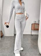 Ribbed Zip Crop Top & High Waist Flare Pants 2 Piece Set