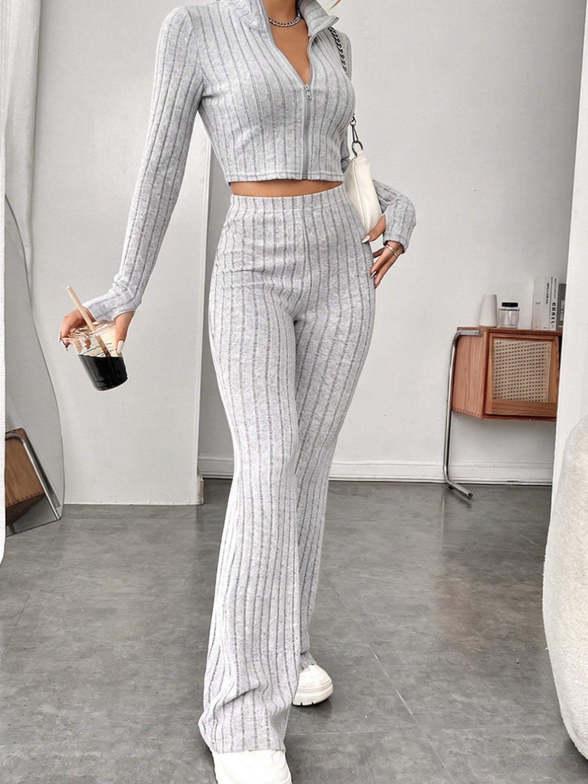 Ribbed Zip Crop Top & High Waist Flare Pants 2 Piece Set