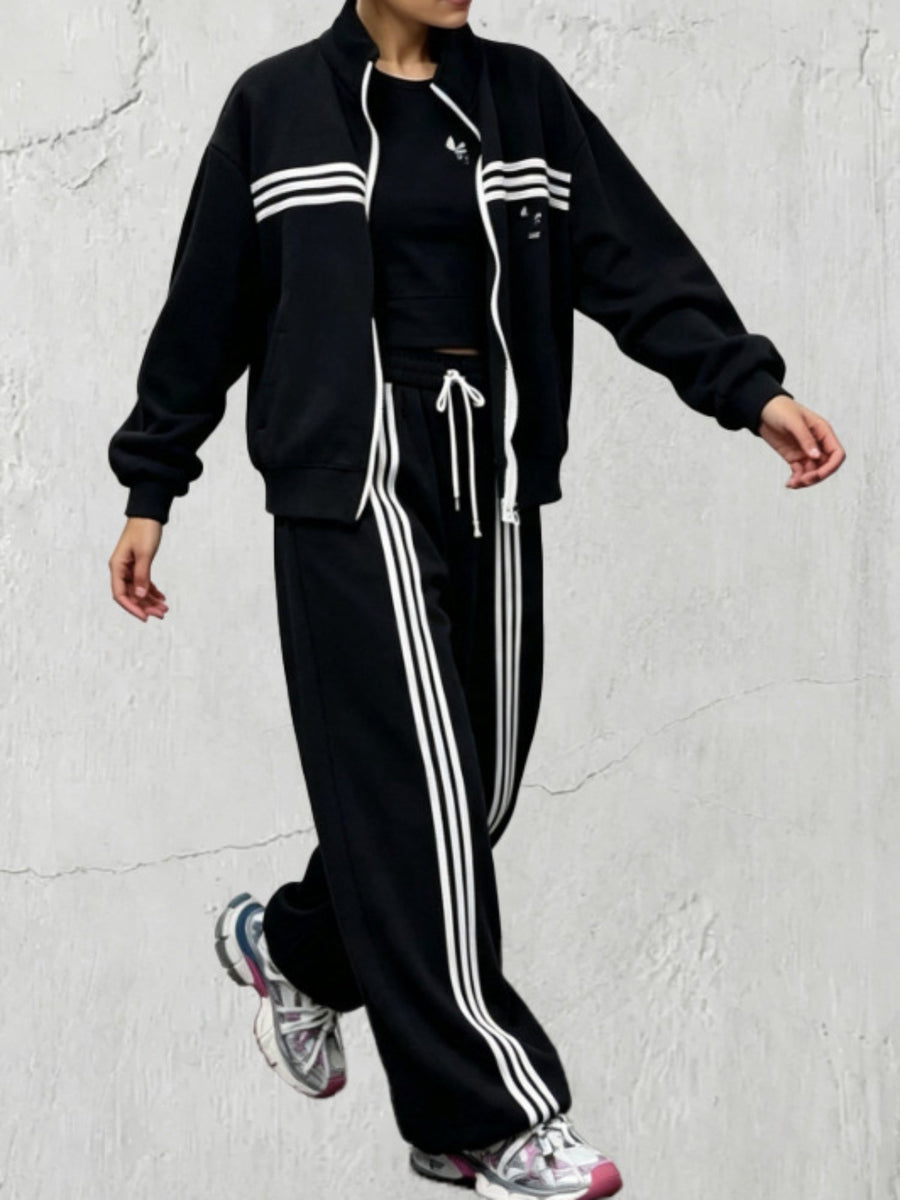 Streetwear Contrast Stripe Zip Jacket Sweatsuit
