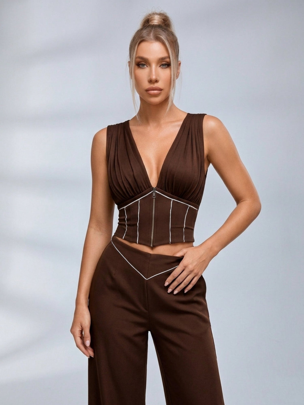 V-Neck Corset Crop Top Split Wide Leg Pants 2 Piece Set