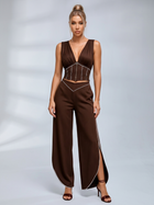V-Neck Corset Crop Top Split Wide Leg Pants 2 Piece Set
