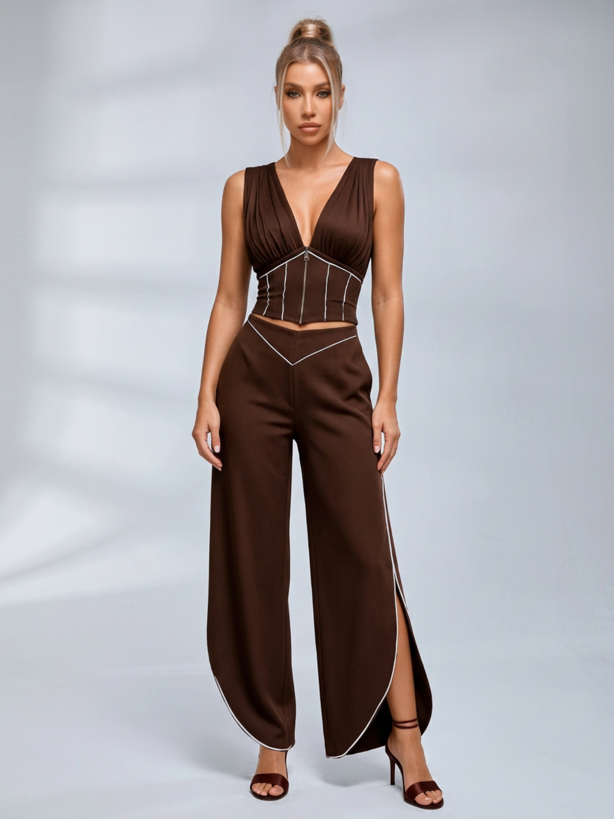 V-Neck Corset Crop Top Split Wide Leg Pants 2 Piece Set