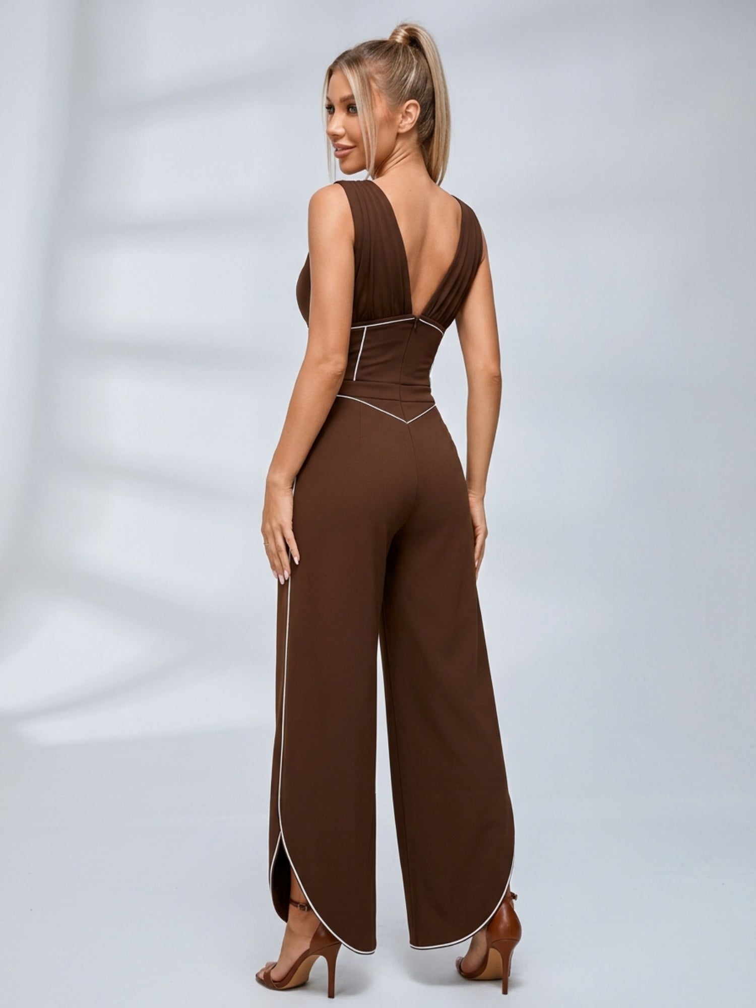 V-Neck Corset Crop Top Split Wide Leg Pants 2 Piece Set