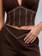 V-Neck Corset Crop Top Split Wide Leg Pants 2 Piece Set