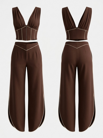 V-Neck Corset Crop Top Split Wide Leg Pants 2 Piece Set
