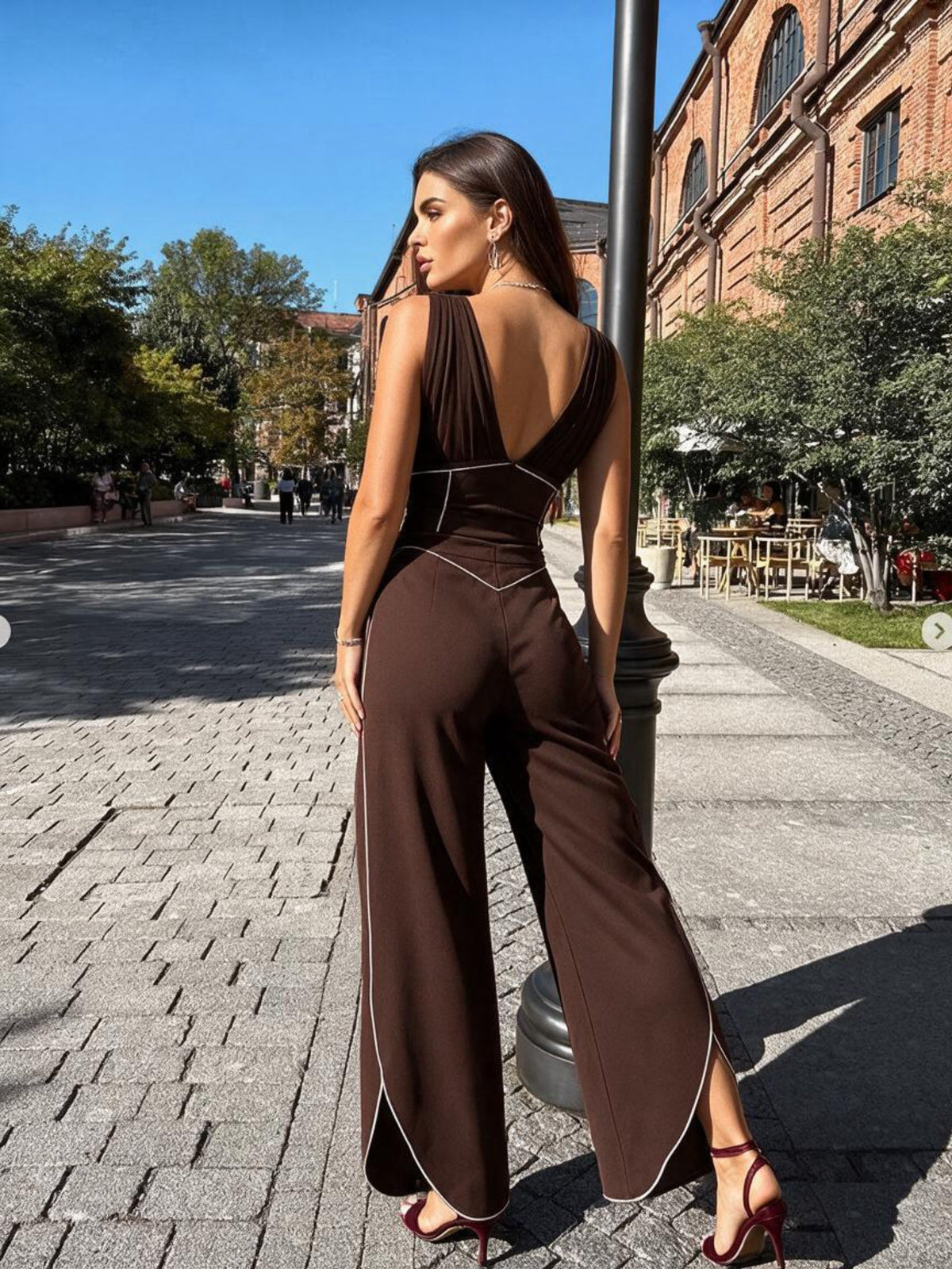 V-Neck Corset Crop Top Split Wide Leg Pants 2 Piece Set