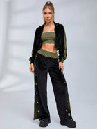 Velvet Stand Collar Jacket Side Snap Wide Leg Pants Tube Top 3 Piece Set