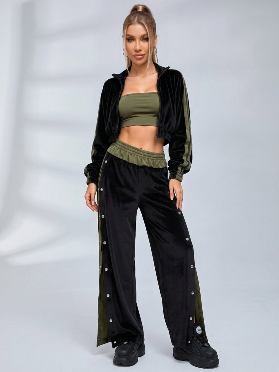 Velvet Stand Collar Jacket Side Snap Wide Leg Pants Tube Top 3 Piece Set