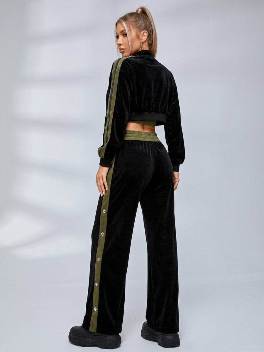 Velvet Stand Collar Jacket Side Snap Wide Leg Pants Tube Top 3 Piece Set