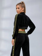 Velvet Stand Collar Jacket Side Snap Wide Leg Pants Tube Top 3 Piece Set