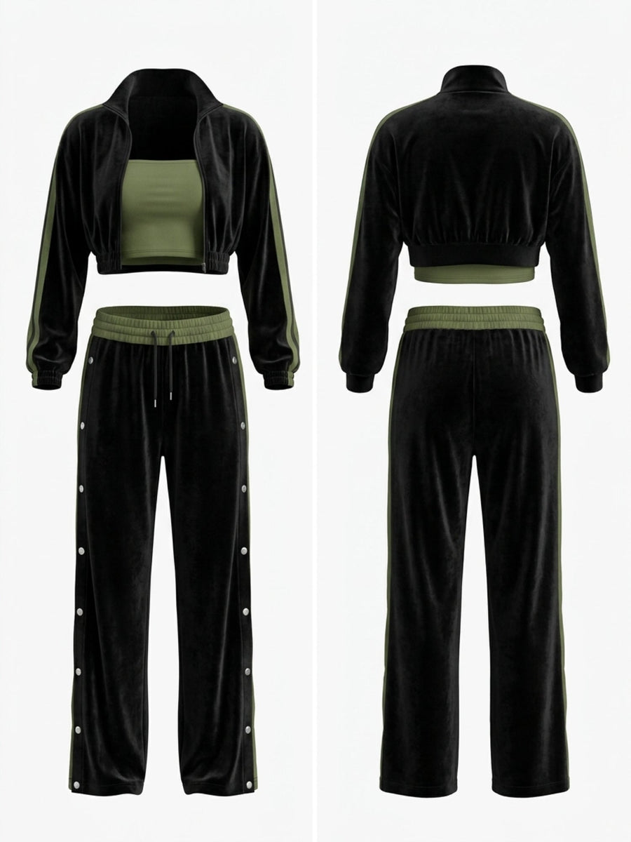 Velvet Stand Collar Jacket Side Snap Wide Leg Pants Tube Top 3 Piece Set