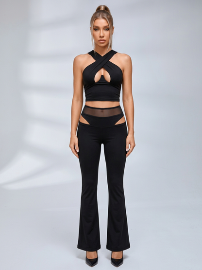 Crisscross Halter Cutout Top Mesh Waist Flared Pants 2 Piece Set