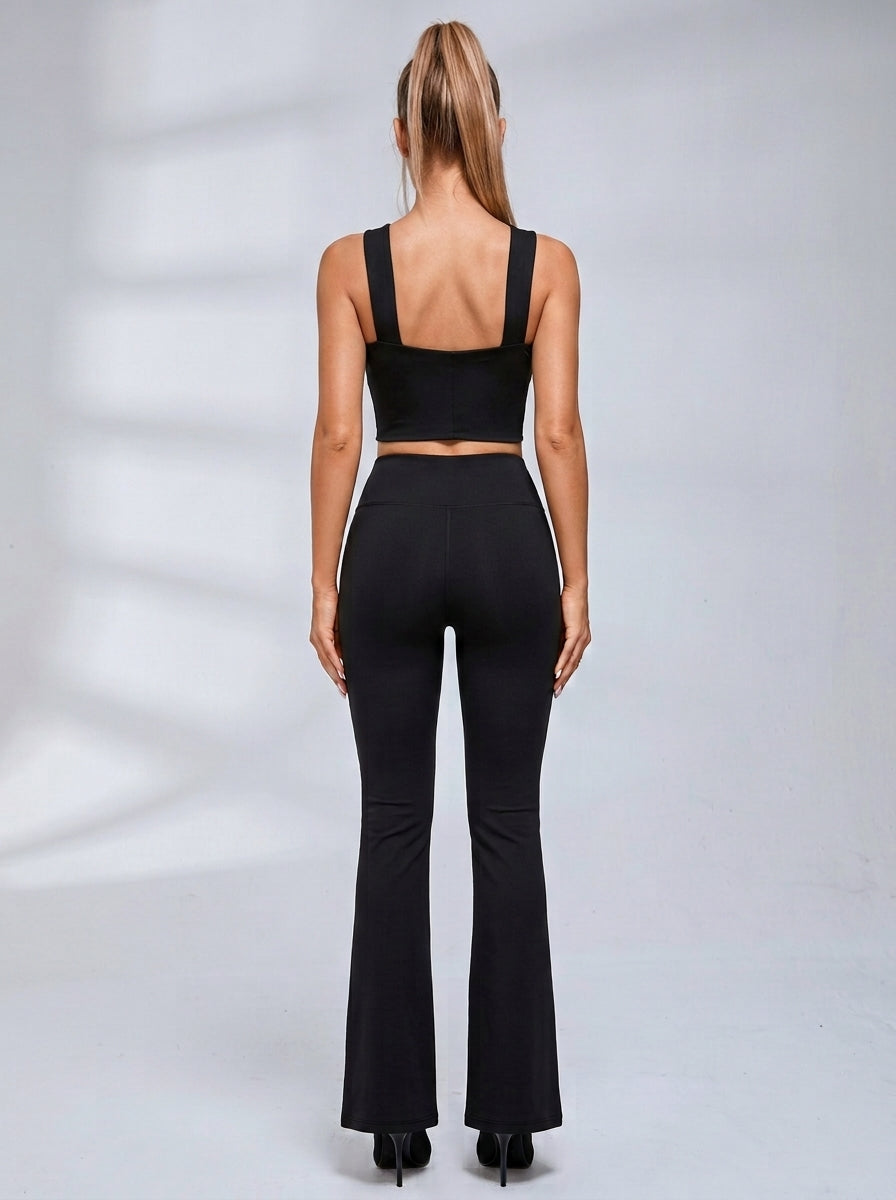 Crisscross Halter Cutout Top Mesh Waist Flared Pants 2 Piece Set