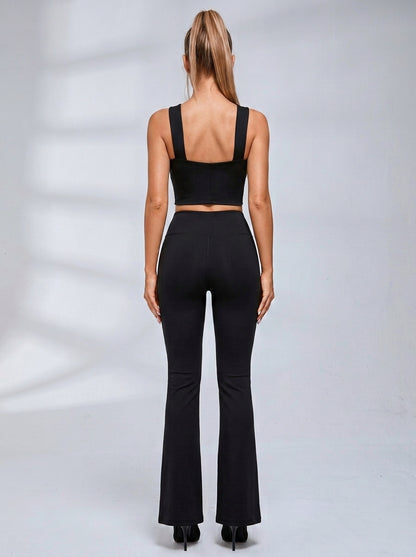 Crisscross Halter Cutout Top Mesh Waist Flared Pants 2 Piece Set