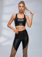 Stretch Slim Color Block Leopard Patchwork Workout 2 Piece Outfit