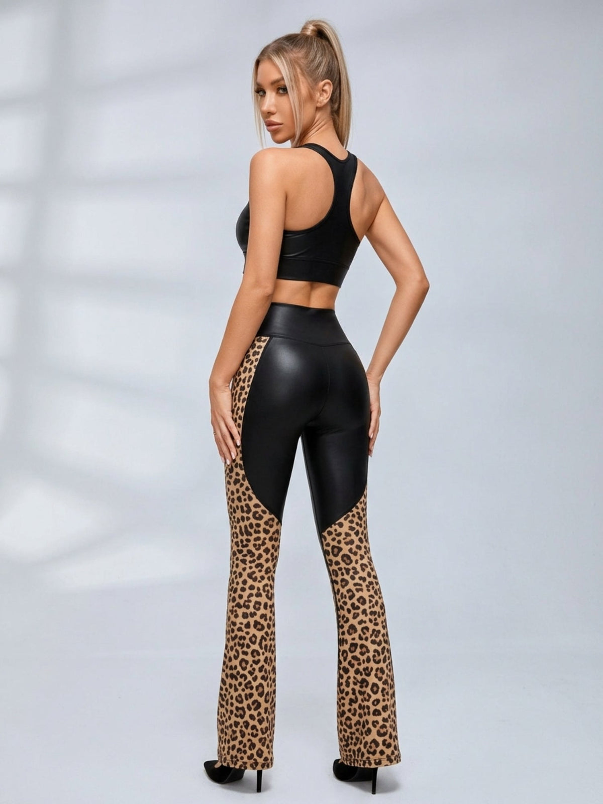 Stretch Slim Color Block Leopard Patchwork Workout 2 Piece Outfit