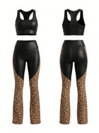 Stretch Slim Color Block Leopard Patchwork Workout 2 Piece Outfit