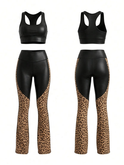 Stretch Slim Color Block Leopard Patchwork Workout 2 Piece Outfit