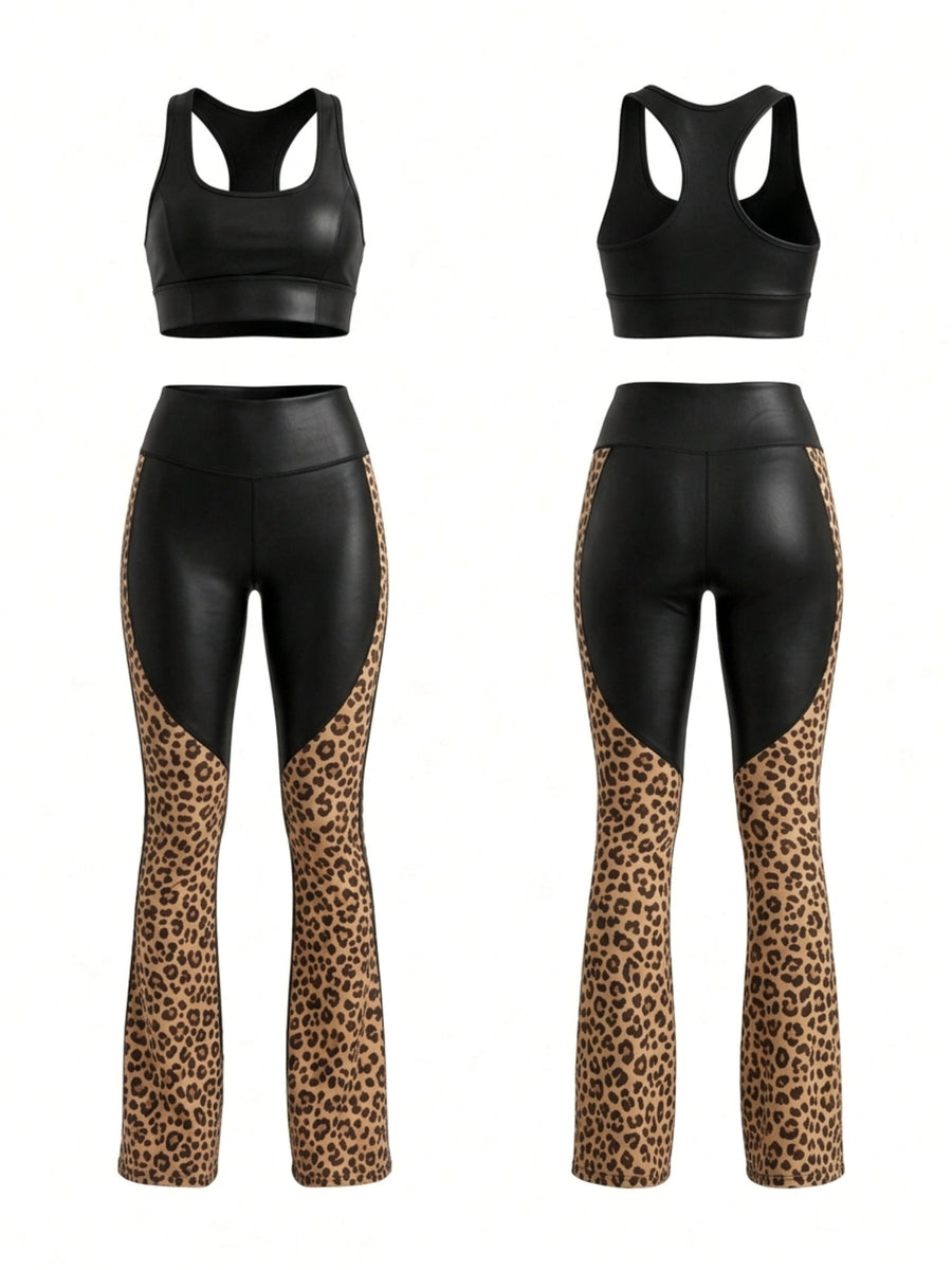 Stretch Slim Color Block Leopard Patchwork Workout 2 Piece Outfit