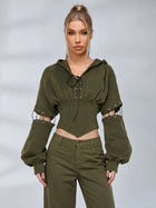 Army Green High Street Cutout Sleeve Waist Slim Hooded  2 Piece Set