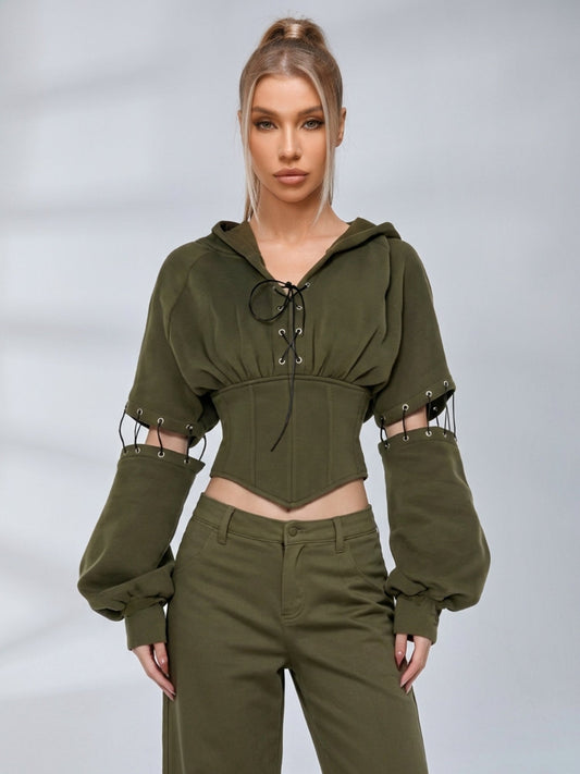 Army Green High Street Cutout Sleeve Waist Slim Hooded  2 Piece Set