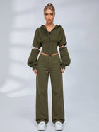 Army Green High Street Cutout Sleeve Waist Slim Hooded  2 Piece Set