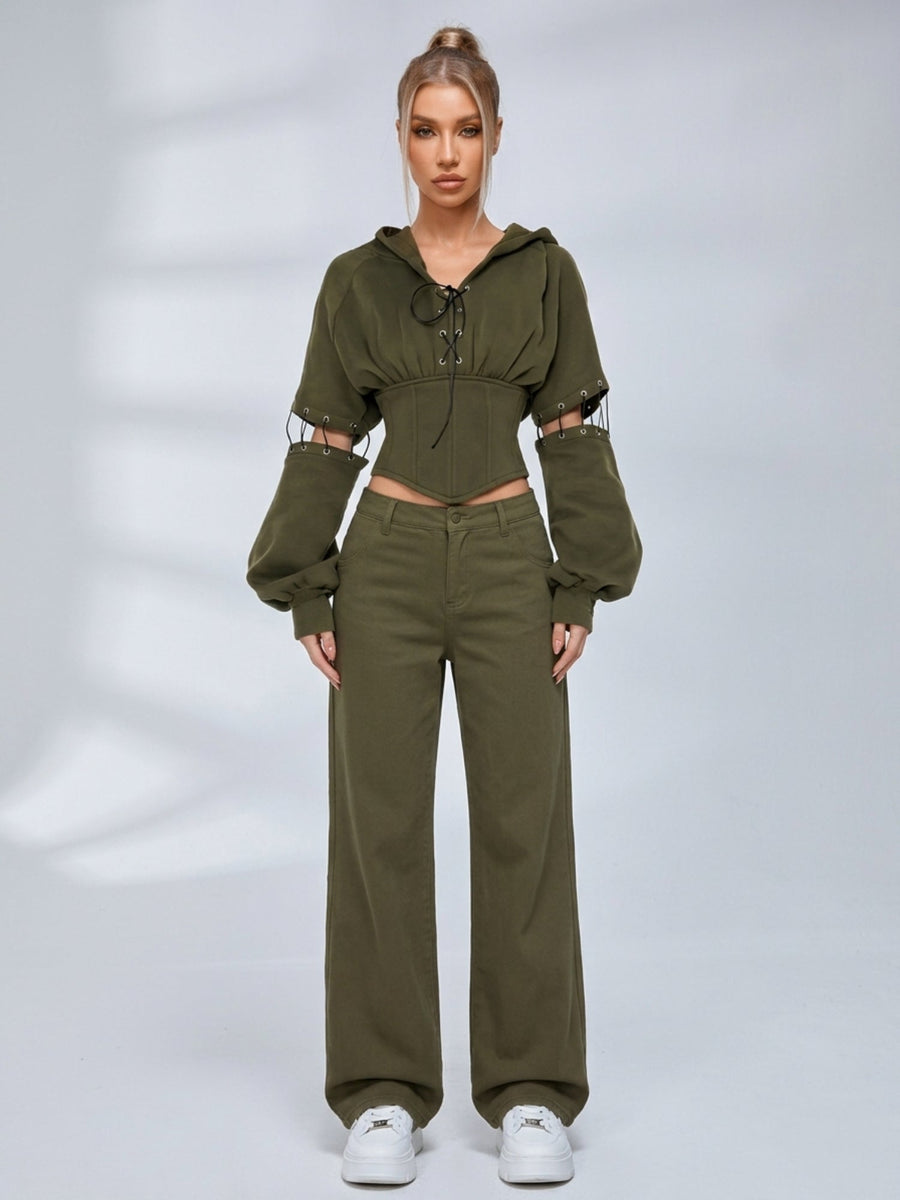 Army Green High Street Cutout Sleeve Waist Slim Hooded  2 Piece Set