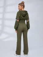 Army Green High Street Cutout Sleeve Waist Slim Hooded  2 Piece Set