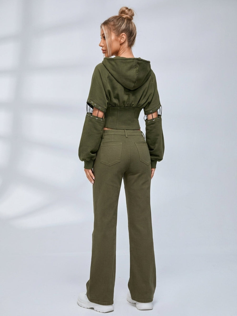 Army Green High Street Cutout Sleeve Waist Slim Hooded  2 Piece Set
