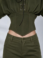 Army Green High Street Cutout Sleeve Waist Slim Hooded  2 Piece Set