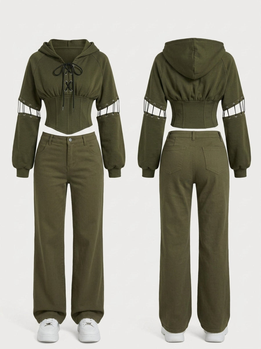 Army Green High Street Cutout Sleeve Waist Slim Hooded  2 Piece Set