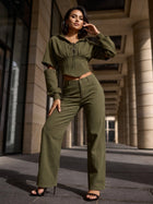 Army Green High Street Cutout Sleeve Waist Slim Hooded  2 Piece Set