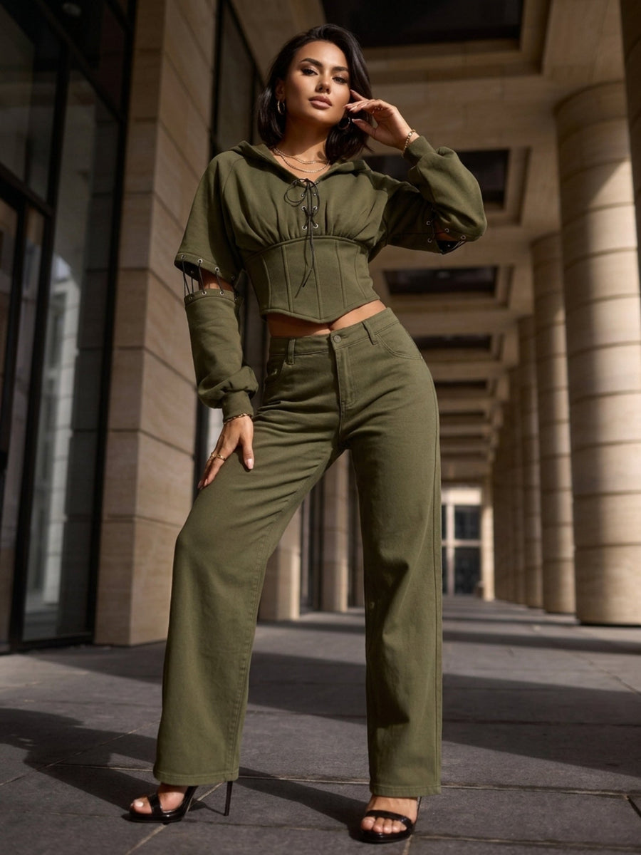 Army Green High Street Cutout Sleeve Waist Slim Hooded  2 Piece Set