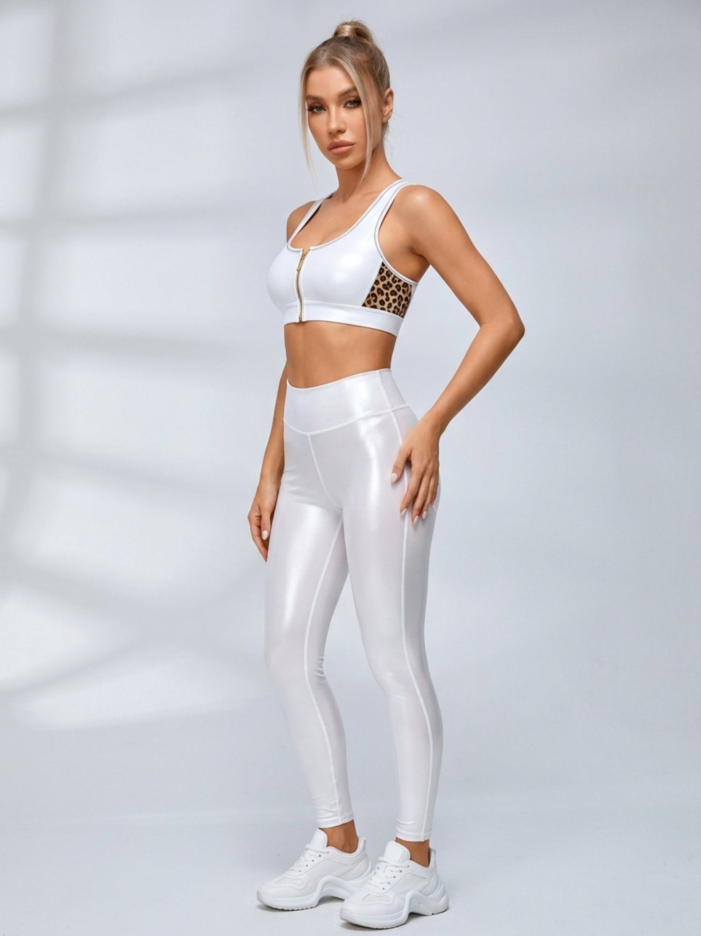High Stretch Glossy Slim White Workout 2 Piece Outfit