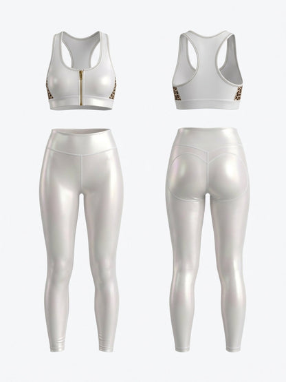 High Stretch Glossy Slim White Workout 2 Piece Outfit