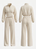 Half Zip Stand Collar Corset Sweatshirt Side Stripe Wide Leg Pants 2 Piece Set