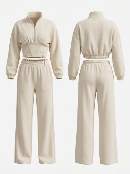 Half Zip Stand Collar Corset Sweatshirt Side Stripe Wide Leg Pants 2 Piece Set