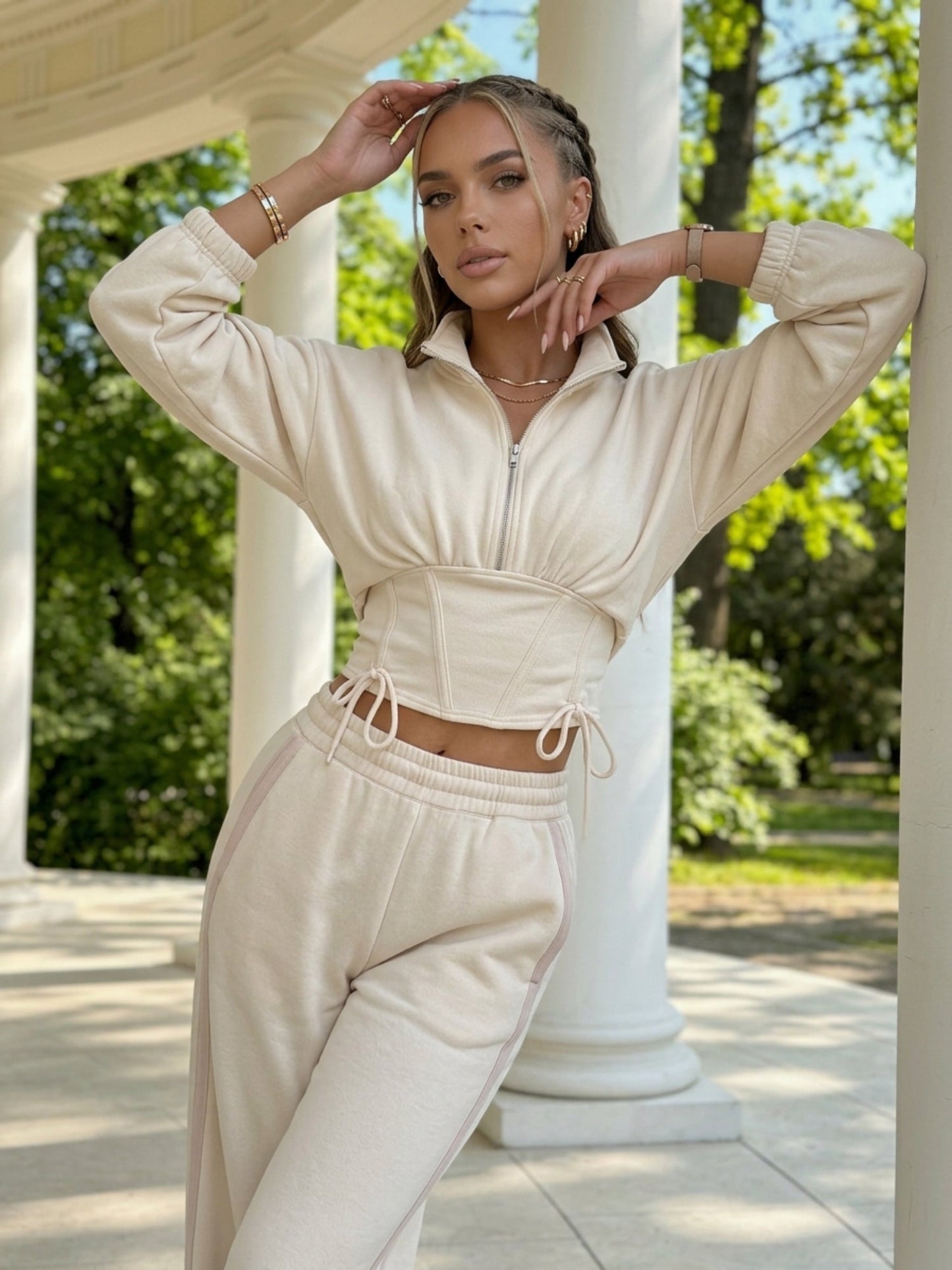 Half Zip Stand Collar Corset Sweatshirt Side Stripe Wide Leg Pants 2 Piece Set