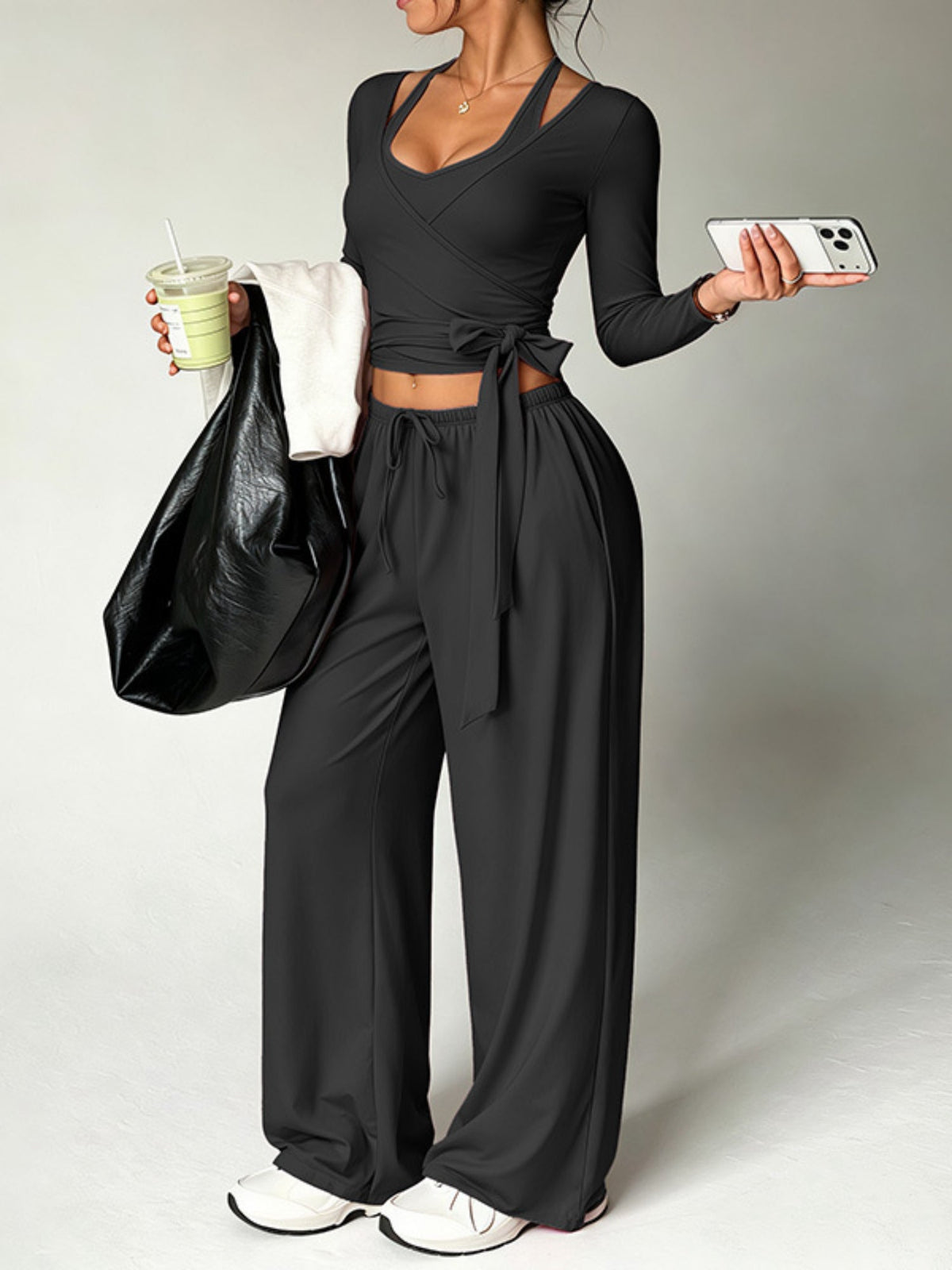 Halter Tie Waist 3 Piece Wide Leg Pant Set