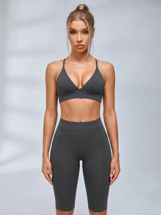 V Neck Sports Bra & Knee Length Shorts 2 Piece Yoga Set