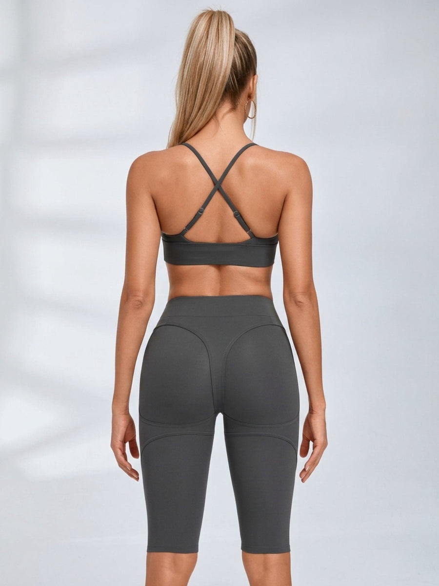 V Neck Sports Bra & Knee Length Shorts 2 Piece Yoga Set