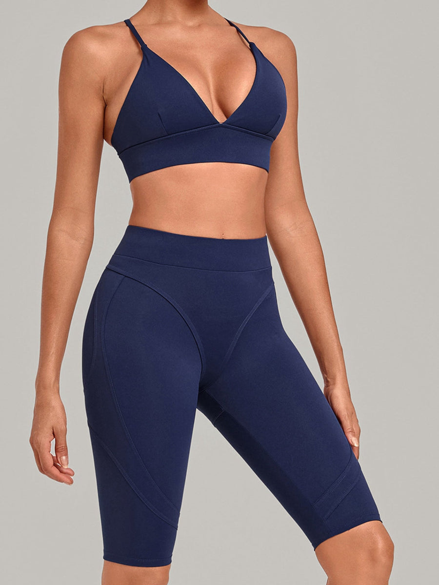 V Neck Sports Bra & Knee Length Shorts 2 Piece Yoga Set