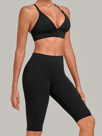 V Neck Sports Bra & Knee Length Shorts 2 Piece Yoga Set